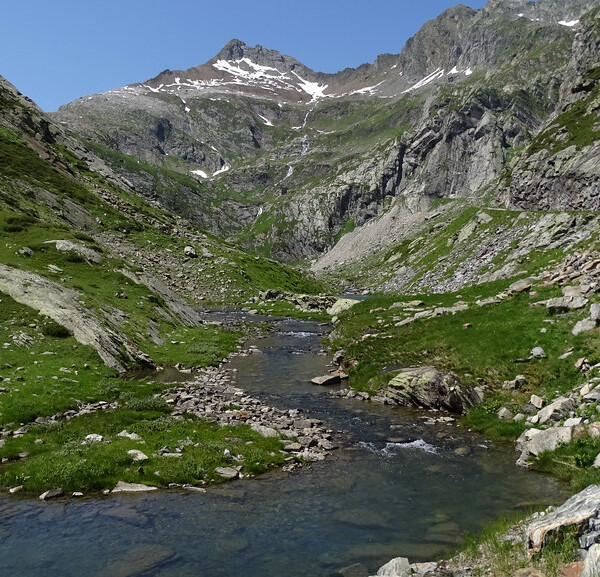 Fluss im Tal Richtung Lago di Robièi, umgeben von grünen Wiesen und Bergen.
