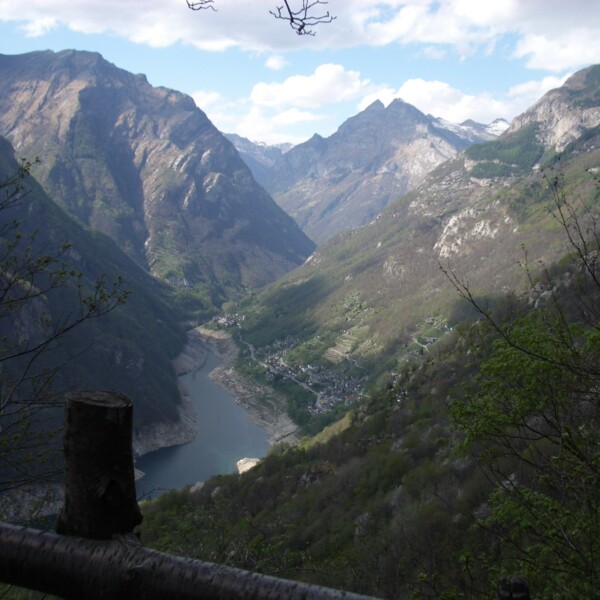 Lago di Vogorno: Malerische Aussicht auf den See eingebettet in grüne Berge.