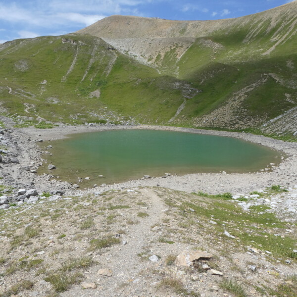 Bergsee Lai Mort in den Alpen mit grünen Hängen und felsigem Ufer.