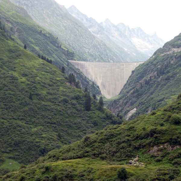 Lai da Curnera: Majestätischer Staudamm in grüner Berglandschaft.