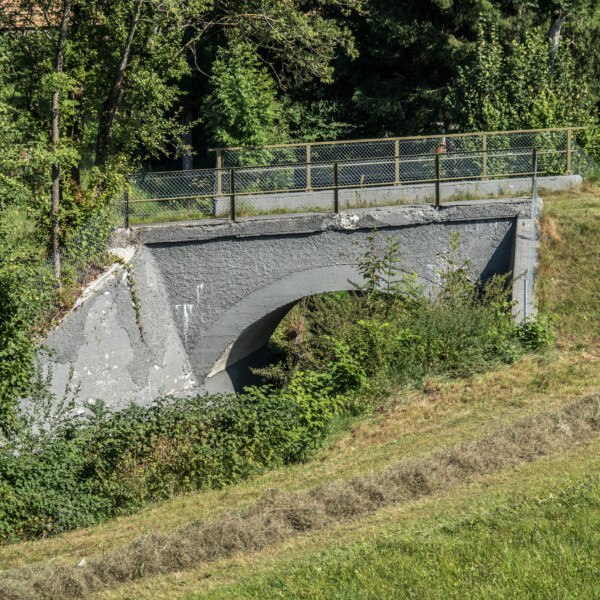 Graue Steinbrücke mit Geländer über den Langeten, umgeben von Grün