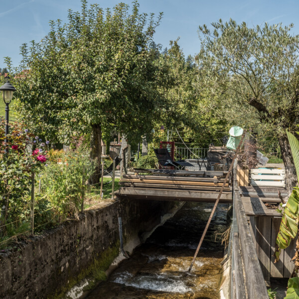 Brücke über die Langeten, üppige Vegetation, ländliche Idylle.