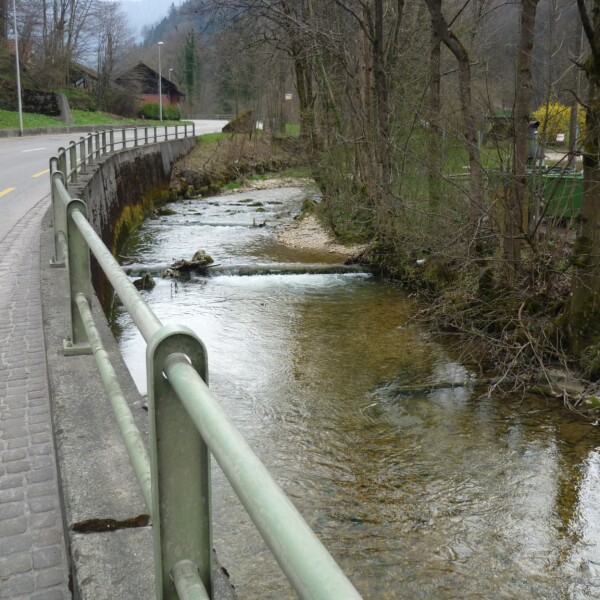 Lüssel Bach fließt neben einer Straße mit Geländer in einer ländlichen Gegend.