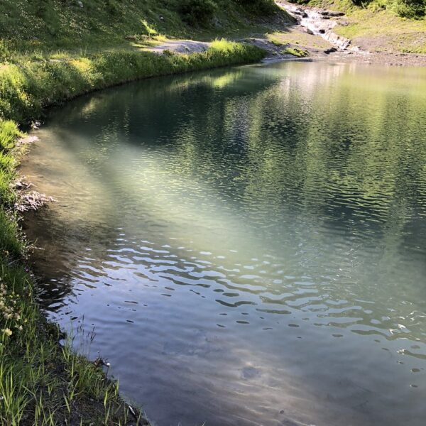 Majingsee: Idyllischer Bergsee mit Wasserfall und grüner Uferböschung im Sonnenschein.