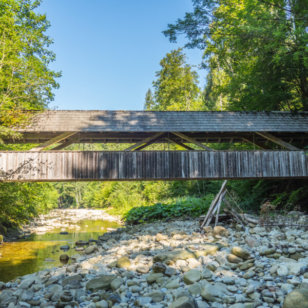 Gedeckte Holzbrücke über einen Fluss, umgeben von Bäumen. Necker.