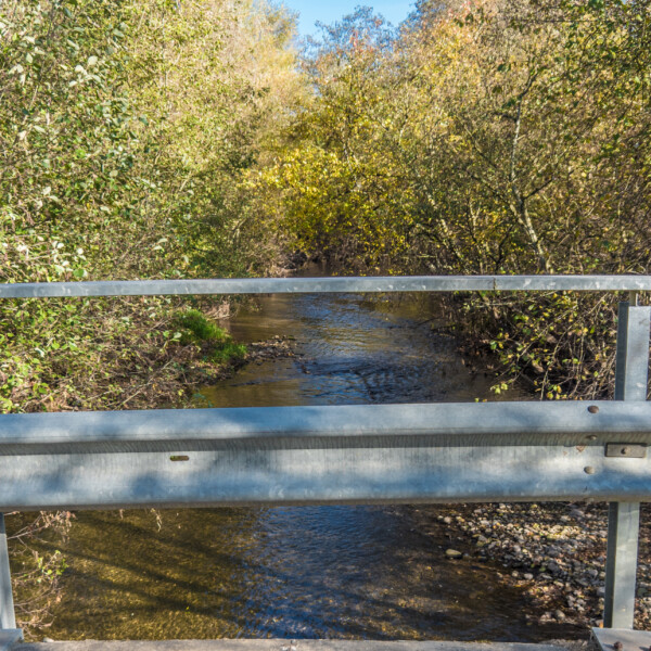 Brücke über einen kleinen Bach in herbstlicher Landschaft. Uferbewuchs mit bunten Blättern.