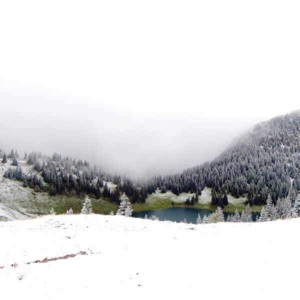 Oberstockensee im Winter: Verschneiter Bergsee umgeben von Nadelbäumen und Nebel.