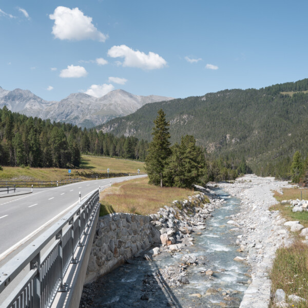 Fluss Ova dal Fuorn neben Straße und Waldlandschaft in Graubünden, Schweiz.