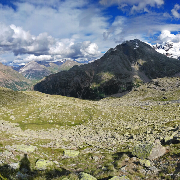 Panoramablick auf Puoz Bass: Berglandschaft mit See, Felsen und schneebedeckten Gipfeln unter blauem Himmel.