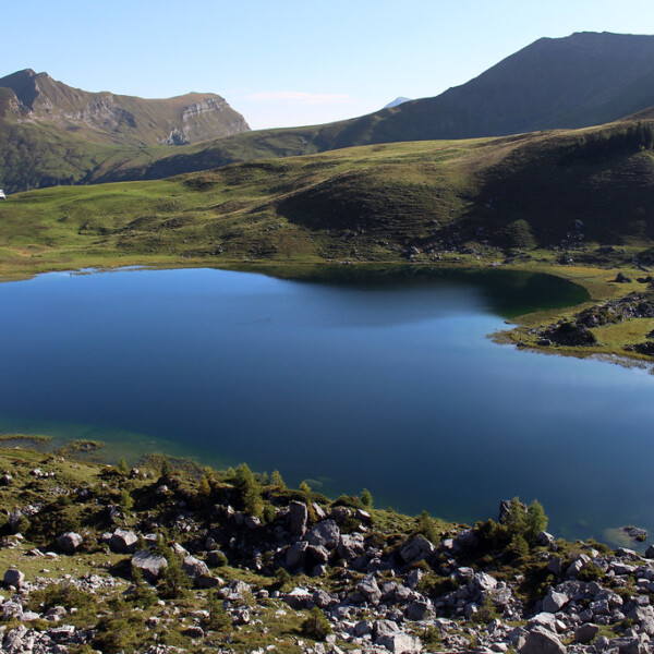 Sachsler Seefeldsee: Bergsee in grüner Landschaft mit Bergen im Hintergrund.