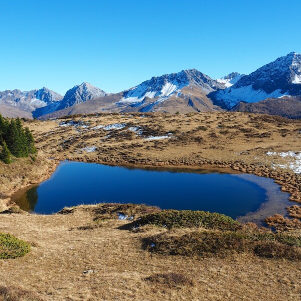 Scheideggseeli: Bergsee in den Alpen mit schneebedeckten Gipfeln und herbstlicher Landschaft.