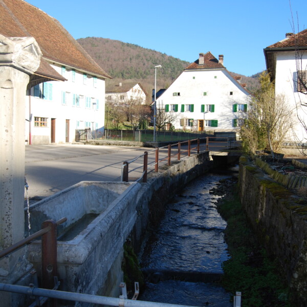 Scheulte: Dorfansicht mit Bachlauf, Häusern und Hügel im Hintergrund.