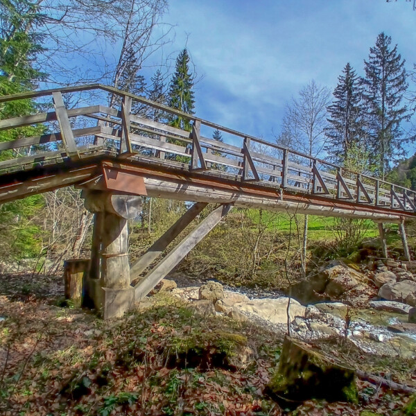 Holzbrücke über die Steiner Aa, umgeben von Bäumen und Felsen. Wanderweg.