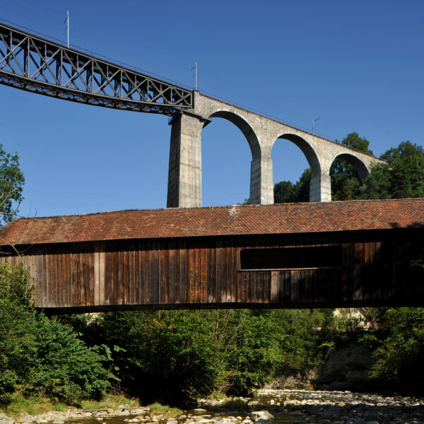 Urnäsch: Gedeckte Holzbrücke unter Eisenbahnviadukt im Grünen.