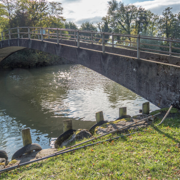 Steinbrücke über die Venoge, umgeben von Grün. Sonnenschein reflektiert im Wasser.
