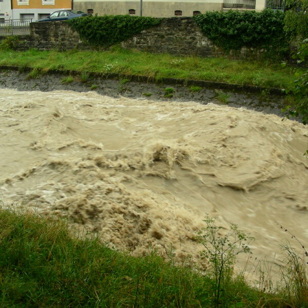 Trübe, reißende Veveyse nach starkem Regen. Hochwasser in der Schweiz.