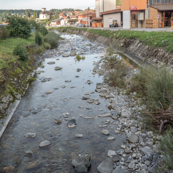 Fluss Veveyse mit Steinen und Uferböschung im Schweizer Dorf.
