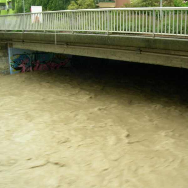 Hochwasser der Veveyse unter einer Brücke. Trübes, braunes Wasser.