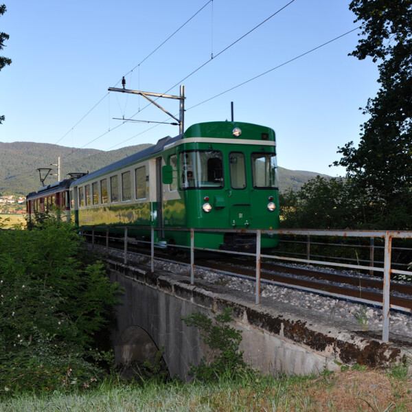 Grüner Zug auf Brücke, Veyron im Hintergrund. Schienenfahrzeug in ländlicher Umgebung.