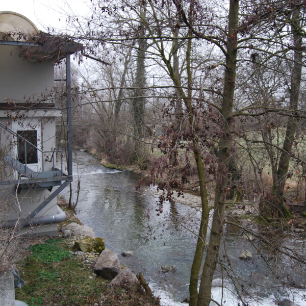 Fluss Wyna neben einem Gebäude mit Bäumen im Winter.
