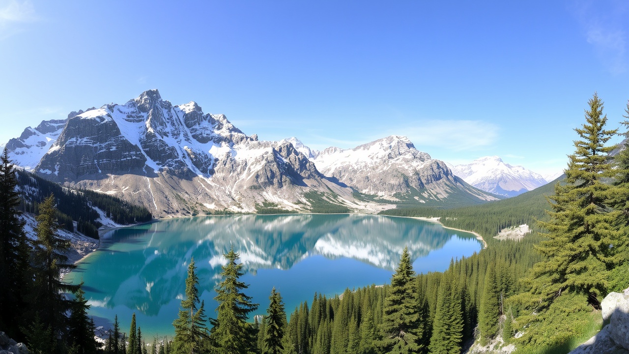 Türkisblauer Bergsee mit schneebedeckten Alpen im Hintergrund