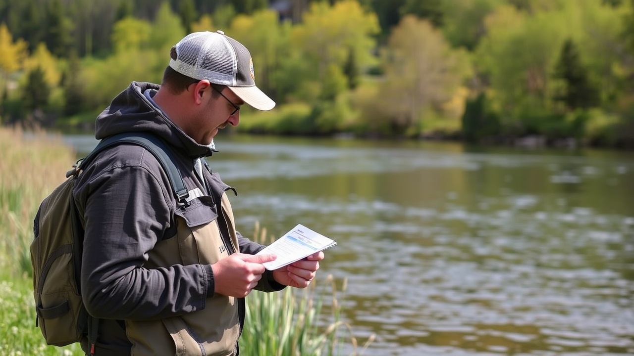 Angler am Flussufer liest Dokument. Angelrecht Schweiz.