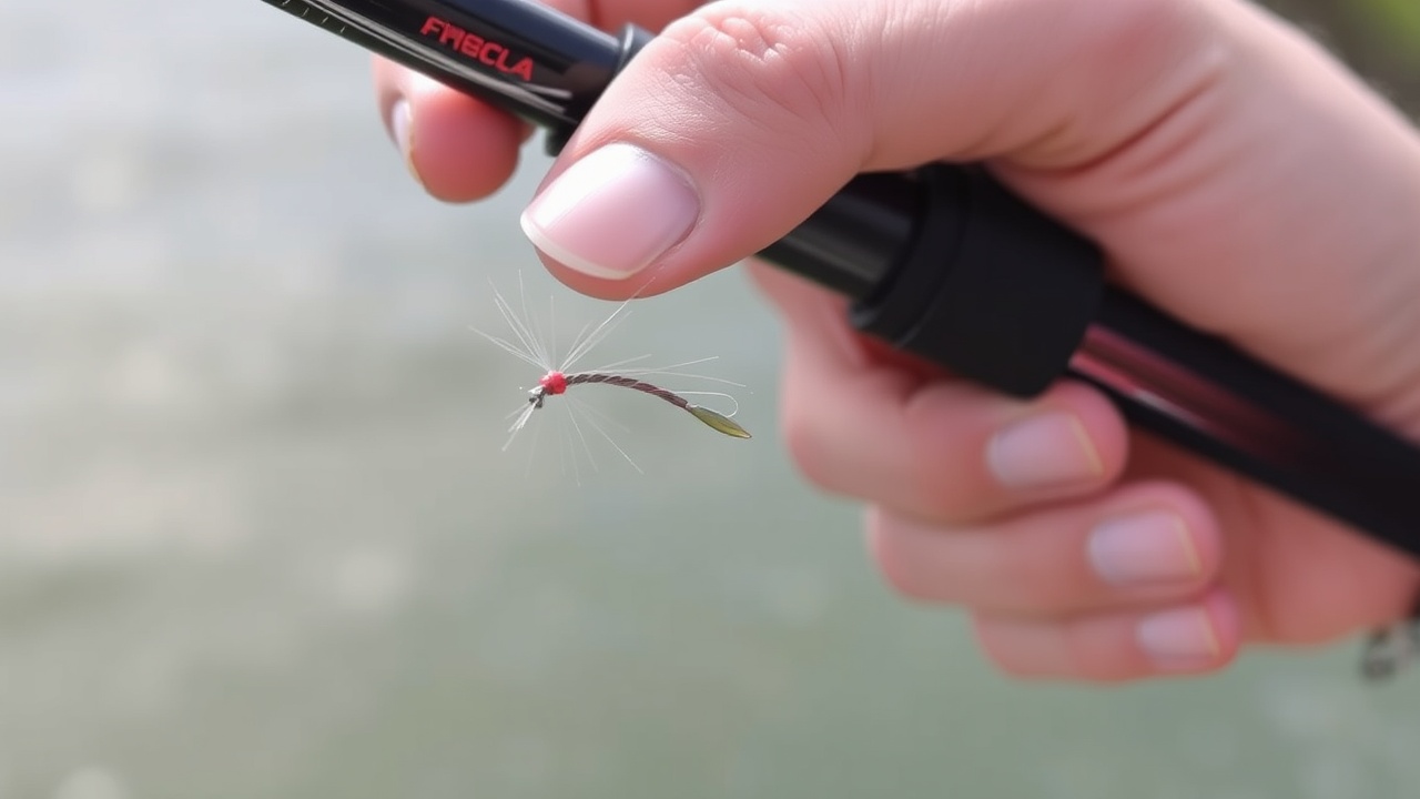 Nahaufnahme einer Fliegenfischerfliege am Angelhaken, gehalten von einer Hand.