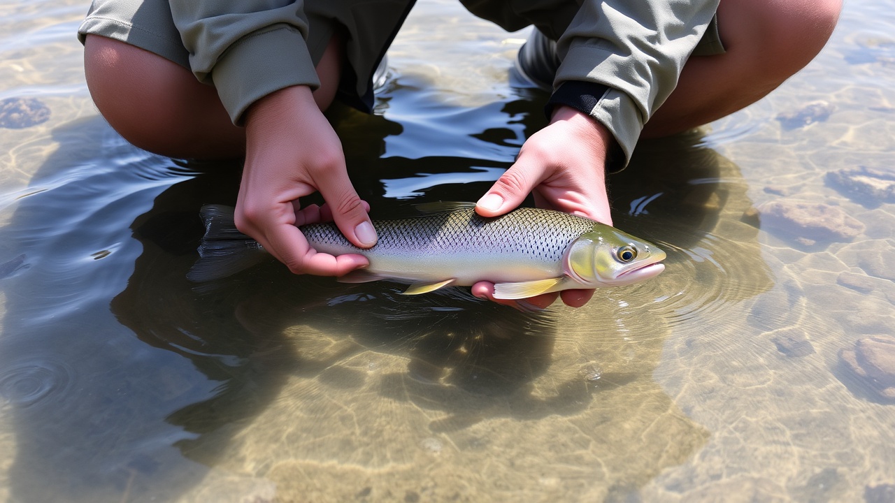 Angler hält einen Fisch im klaren Wasser. Schweizer Angelrecht.