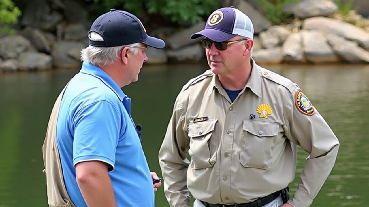Zwei Männer unterhalten sich am Wasser, einer in Uniform. Schweizer Angelrecht?