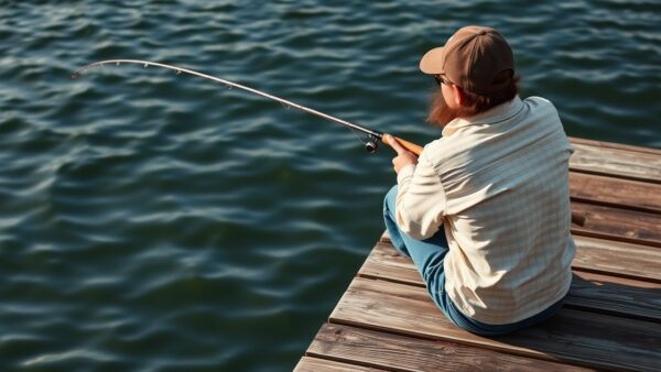 Angler sitzt auf einem Steg und fischt. Dein Start in die Fischerei.