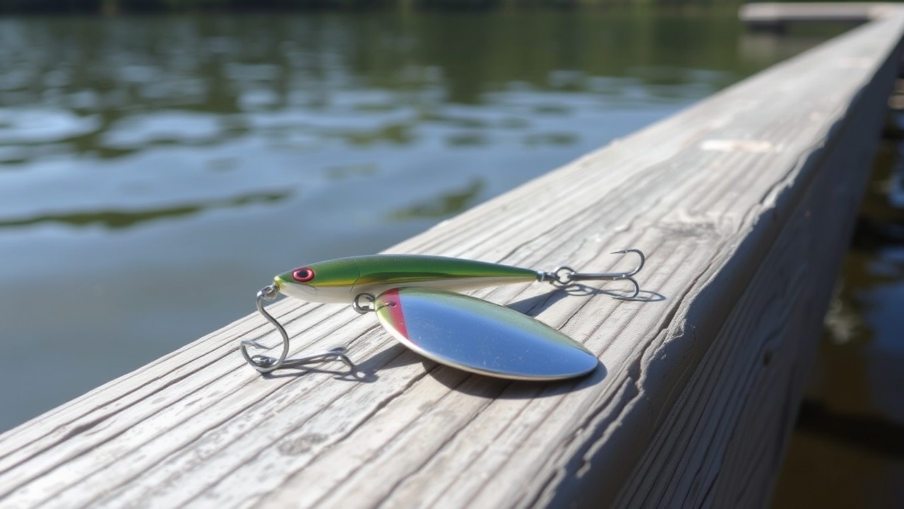 Angelköder auf Holzsteg am See. Ideal für "Dein Start in die Fischerei".