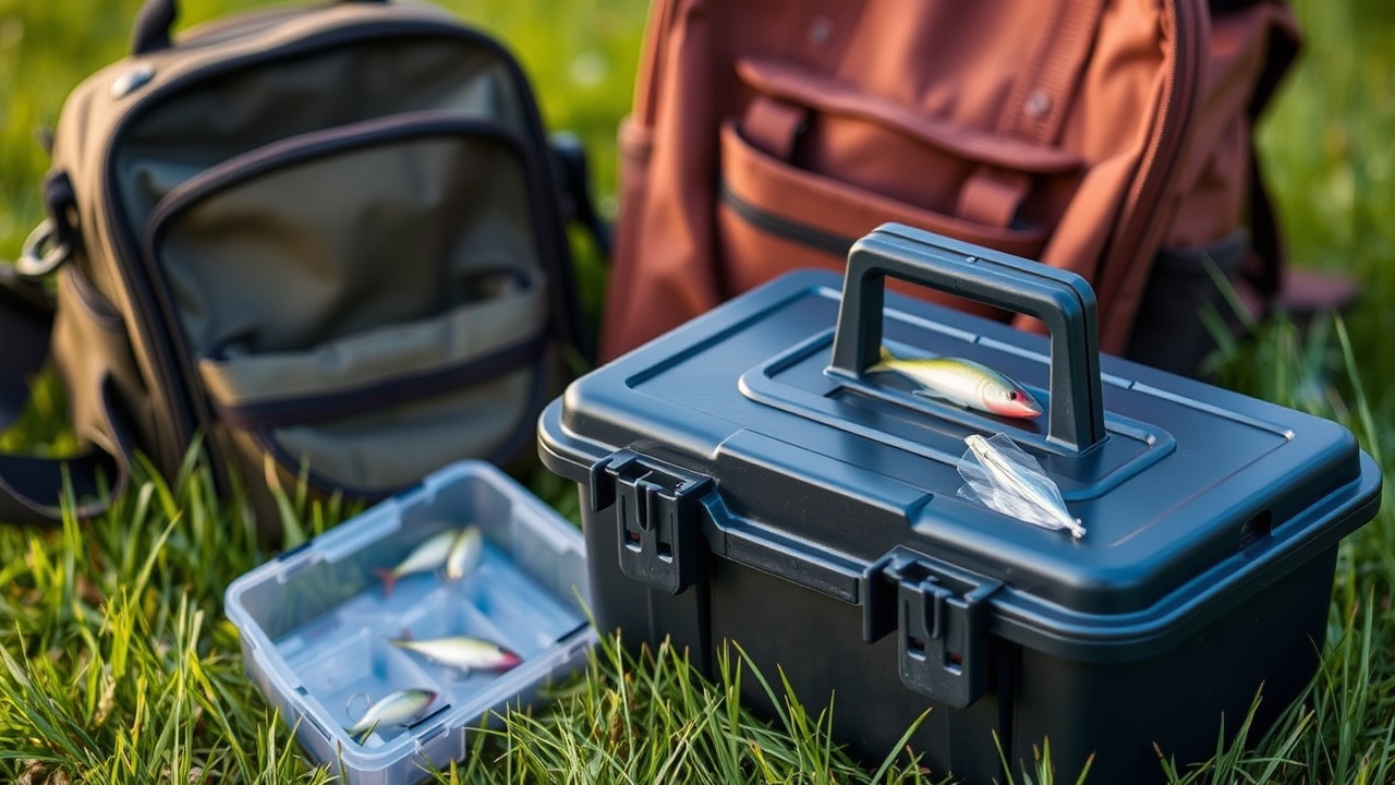 Angelausrüstung: Angelkoffer, Köder und Taschen im Gras. Dein Start in die Fischerei.