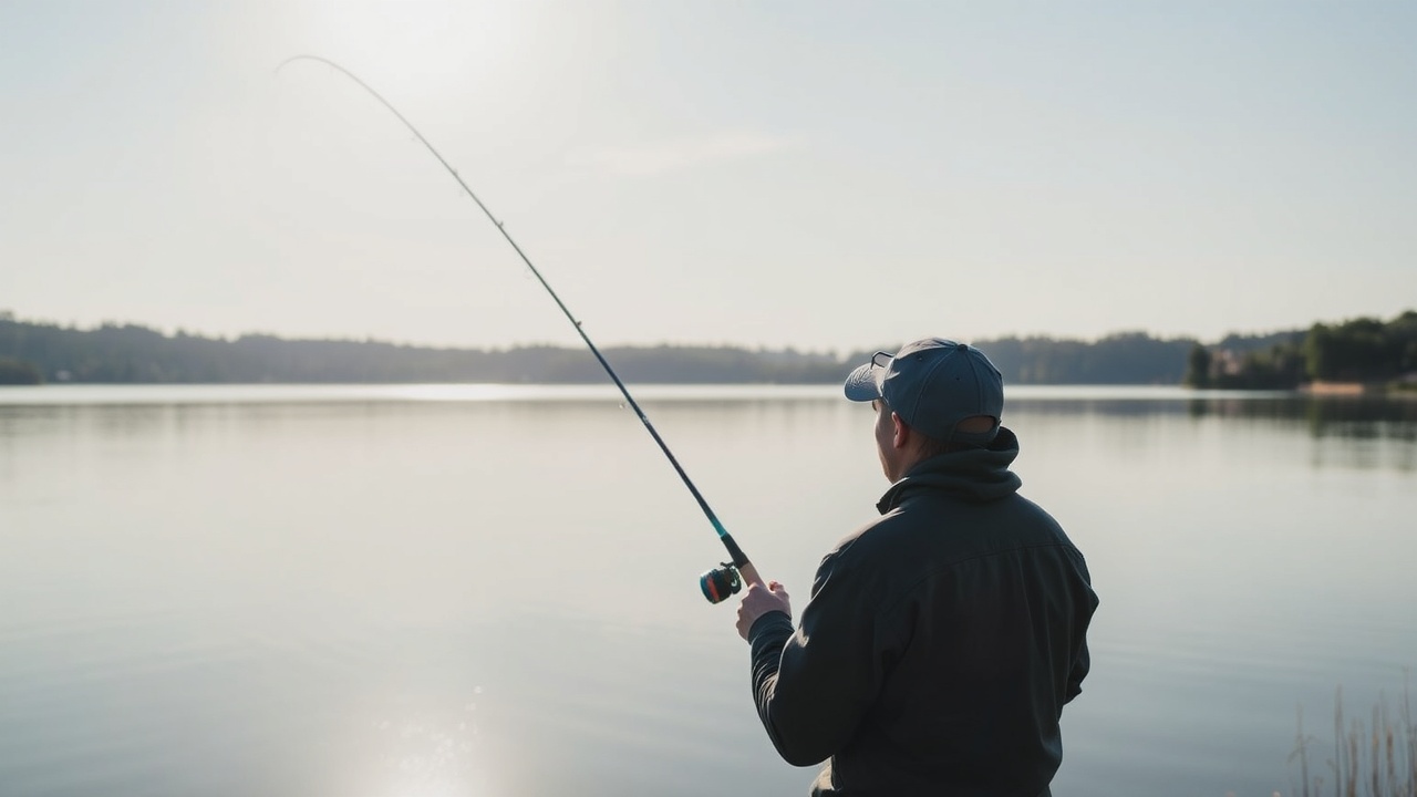 Angler mit Angelrute am Seeufer, bereit zum Fischen. Schweizer Fischereiregeln.