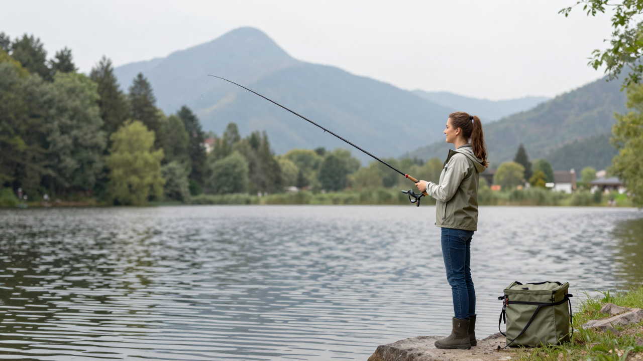 Frau angelt am See mit Bergen im Hintergrund. Fischen für Anfänger.