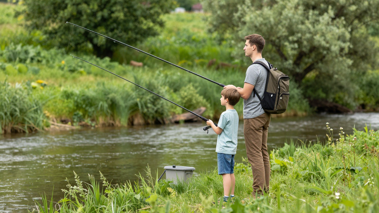 Vater und Sohn angeln am Fluss. Anfänger-Fischertipps.