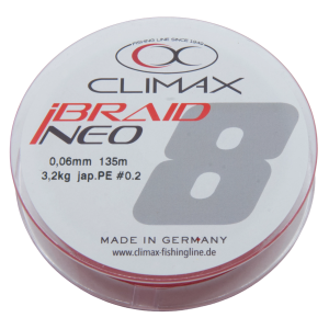 Climax iBraid NEO fluo-red: 135m, 0.06mm geflochtene Angelschnur, 3,2kg Tragkraft