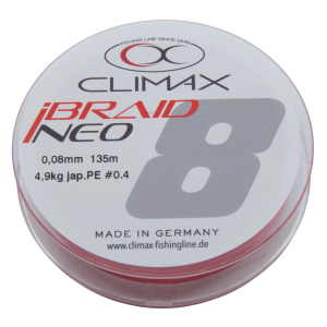 Climax iBraid NEO fluo-red, 135m 0.08mm: Hochwertige geflochtene Angelschnur aus Deutschland.