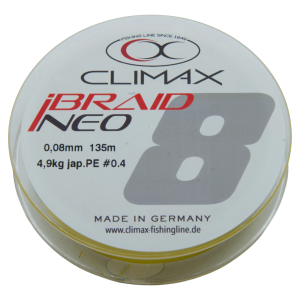 Climax iBraid NEO gelb, 0,08mm, 135m geflochtene Angelschnur. Made in Germany.