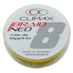 Climax iBraid NEO gelb, 0,12mm, 135m geflochtene Angelschnur. Made in Germany.
