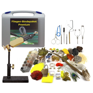 Fliegenbinde Startpaket Premium, 162 Teile: Komplettes Set zum Fliegenbinden mit Werkzeug, Federn und Zubehör.