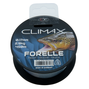 CLIMAX Forelle 450m 0.17mm Zielfisch Forelle hellblaue Angelschnur auf Spule.
