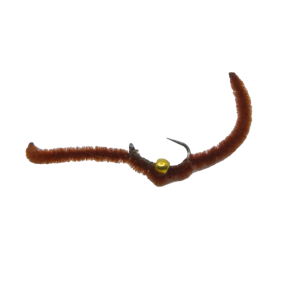 BH San Juan Wurm braun 16: Realistische braune Wurmfliege mit goldenem Kopf zum Fliegenfischen.