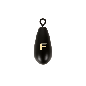 Birnengewicht aus Messing, 10g: Schwarzes, tropfenförmiges Gewicht mit goldfarbenem "F".
