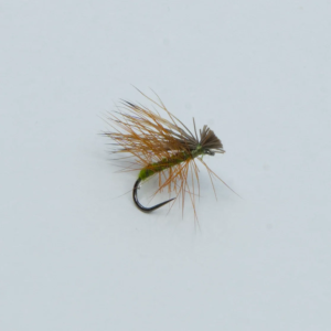 Elk Hair Caddis Olive 14: Trockenfliege zum Fliegenfischen mit Elchhaarflügeln und olivfarbenem Körper.