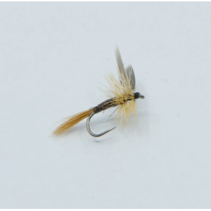 Ginger Quill 12: Trockenfliege zum Fliegenfischen mit braunen und grauen Federn.
