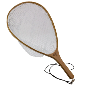 Watkescher Supreme 2.0 mit Gumminetz: Kescher mit Holzrahmen, Holzgriff und klarem Gumminetz.