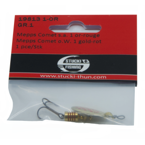 Comet Spinner ohne Widerhaken, Grösse 1, 3.5g, gold-rot: Mepps Angelköder im roten Stucki-Paket.
