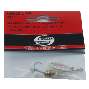 Comet Spinner ohne Widerhaken, Grösse 1, 3.5g, silber-rot: Mepps Spinner in Silber und Rot in Verpackung.