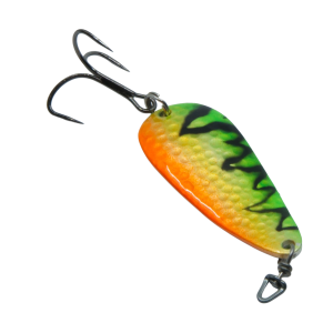Mozzi Löffel Grösse 3: 19g Angelköder (messing uni) mit Drilling, orange, gelb, grün und schwarz