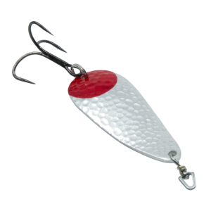 Mozzi Löffel ohne Widerhaken, Grösse 3, 19g: Silberner Angelköder mit rotem Punkt und Drilling.